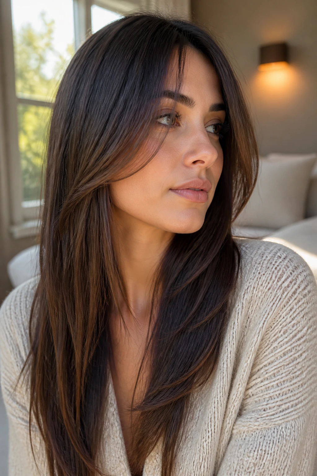 Close-up of a real woman with long straight hair showing front layers under natural window light