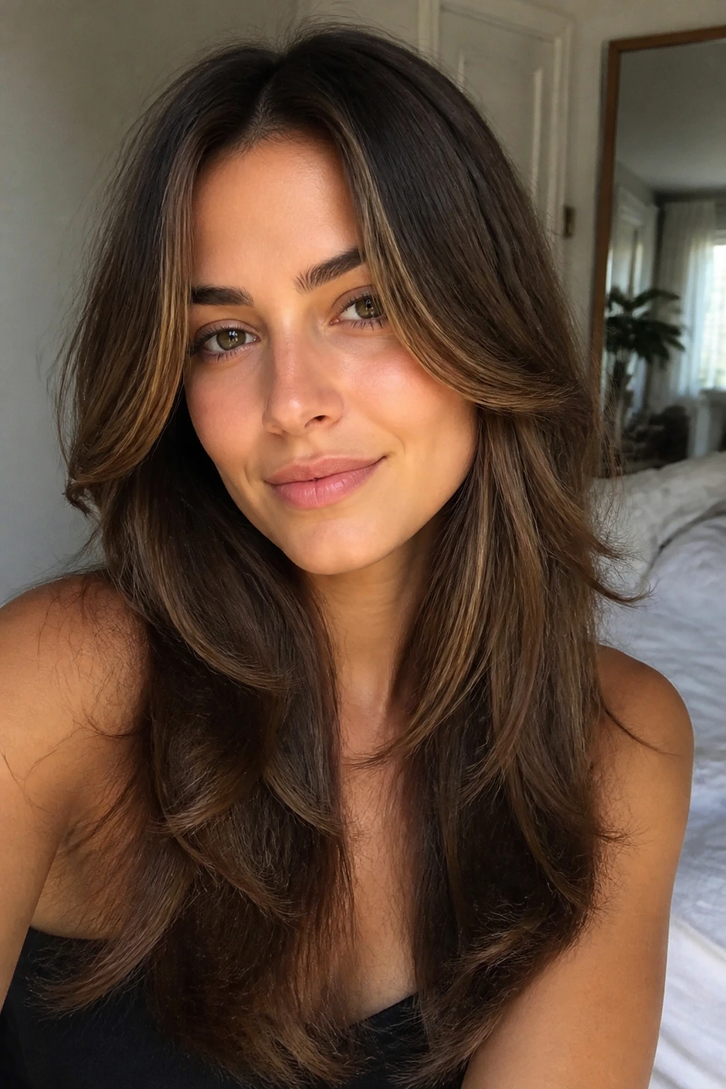 Close-up of soft, shaped layers on long hair between trims