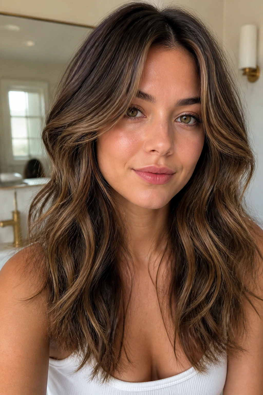 Close-up of a real woman with long layered waves and front layers in warm bathroom lighting