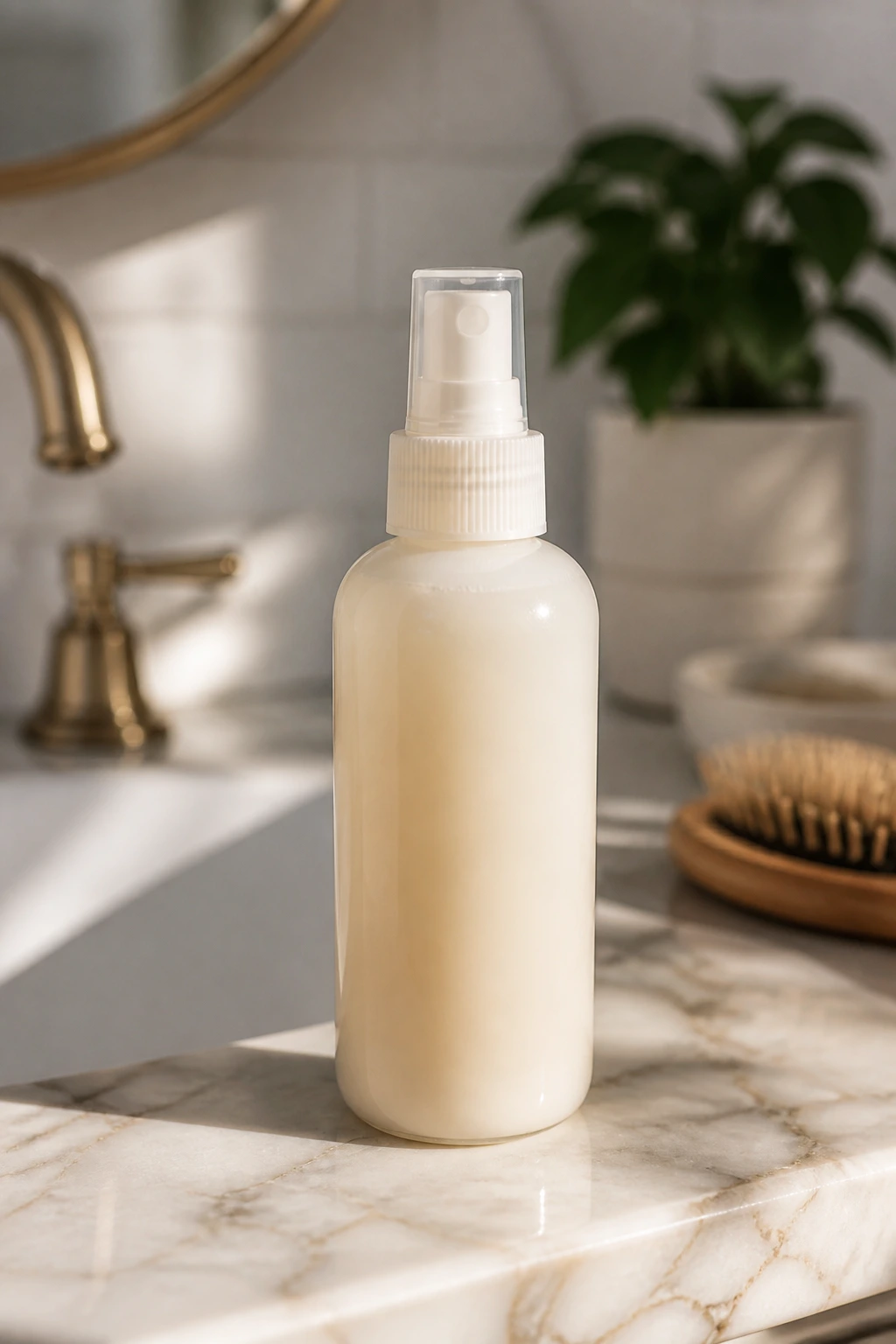 Close-up of an unlabeled leave-in conditioner bottle on a bathroom counter