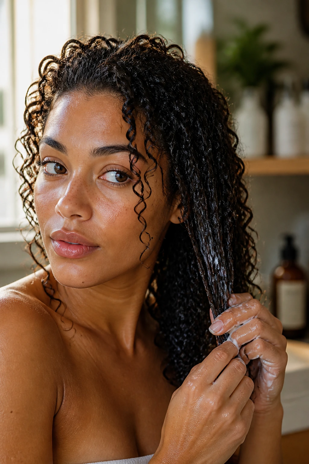 Close-up of a person with moisturized curls prepared for braids using leave-in conditioner.