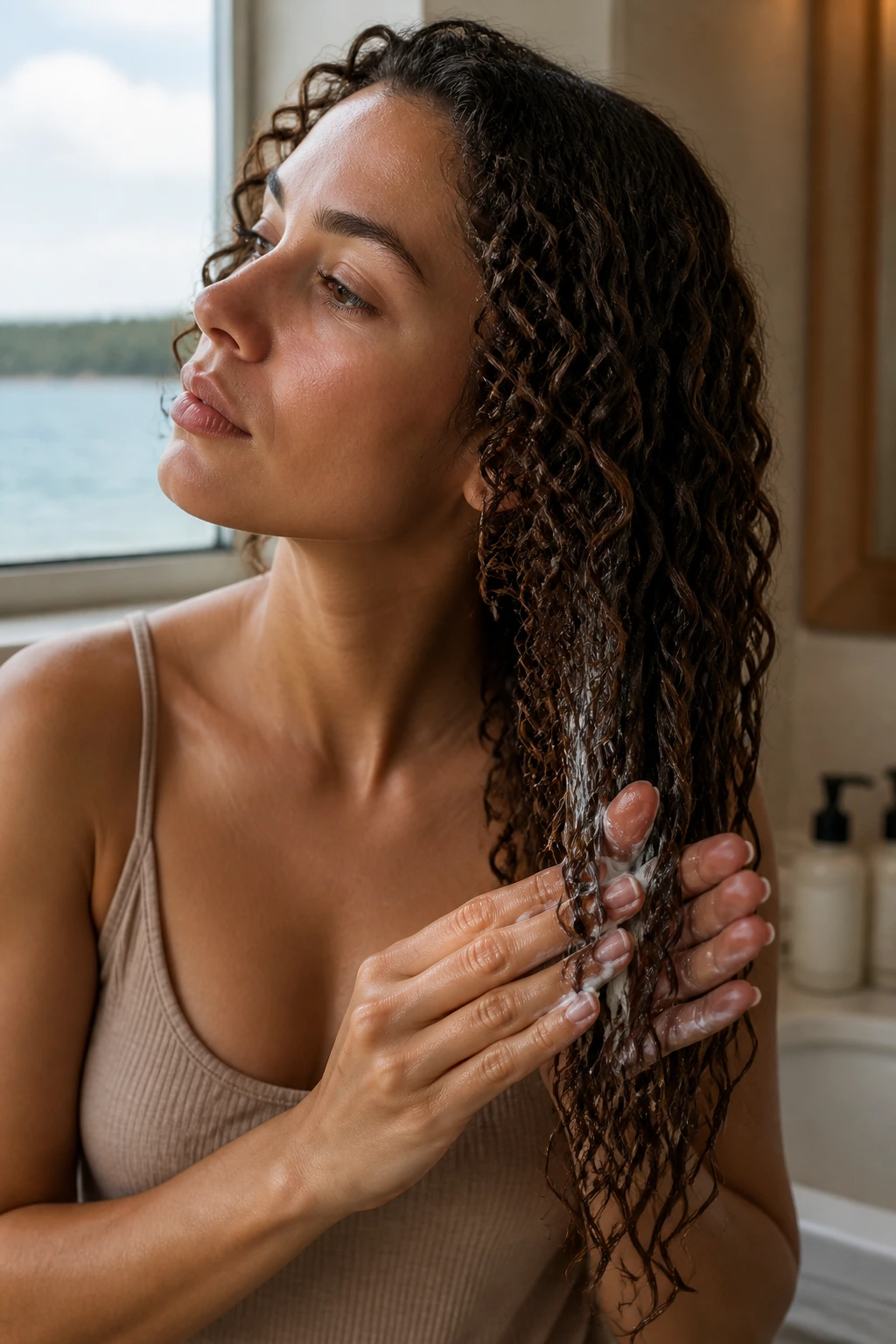 Close-up of a woman applying leave-in conditioner to damp curly hair ends near a lake
