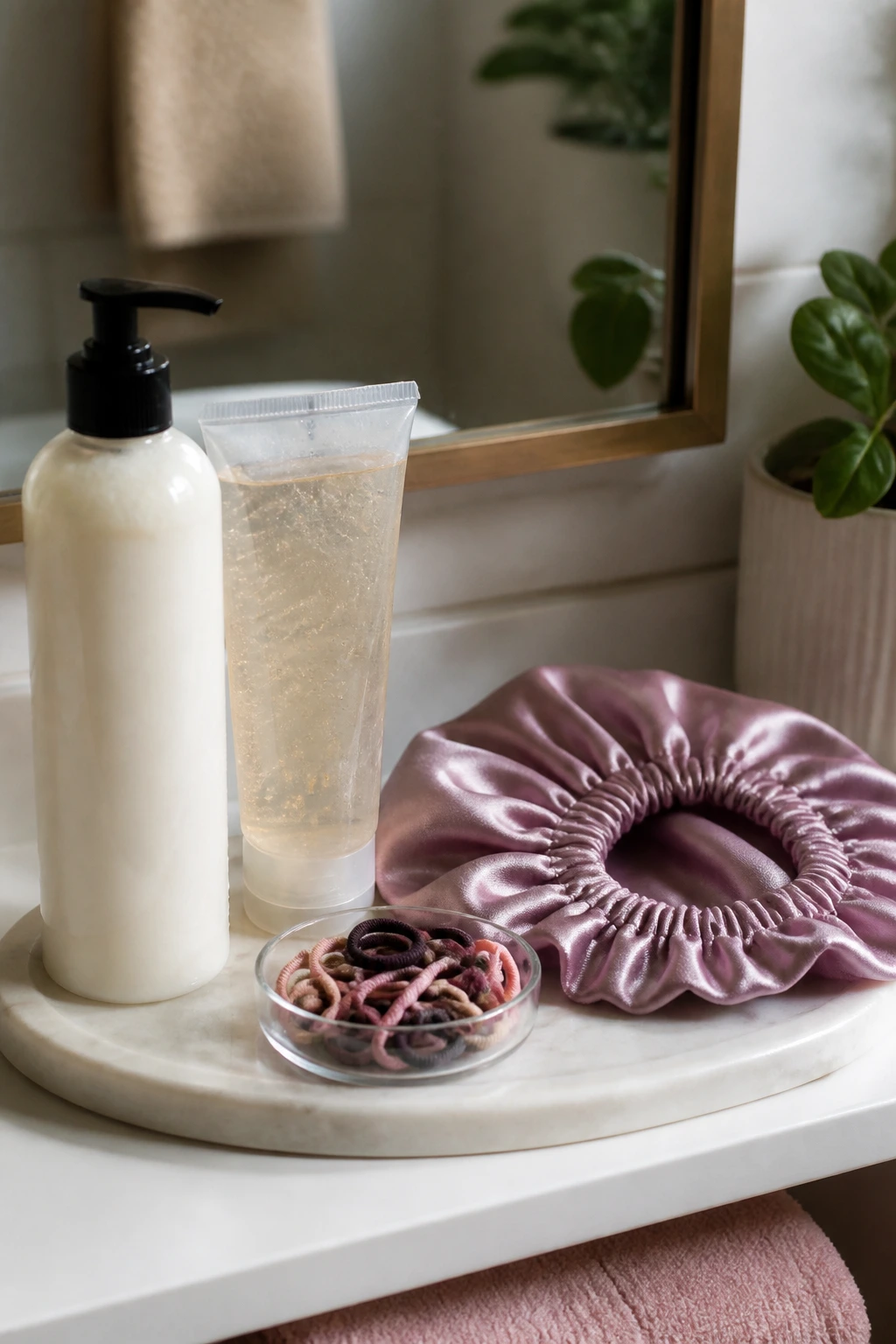 Assorted curly-kid hair products arranged on a shelf, focused on slip and frizz control.