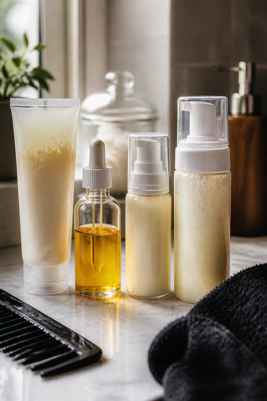 Close-up lineup of lightweight leave-in conditioner, scalp oil, root-hold product, and foam for hair prep.
