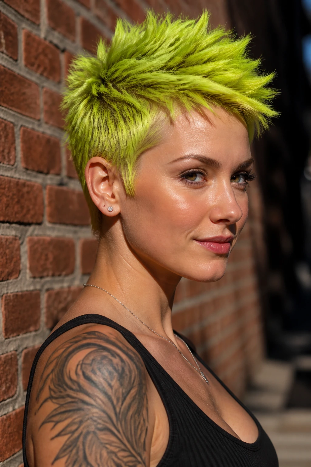 Real woman with lemon-lime spiky pixie hairstyle outdoors
