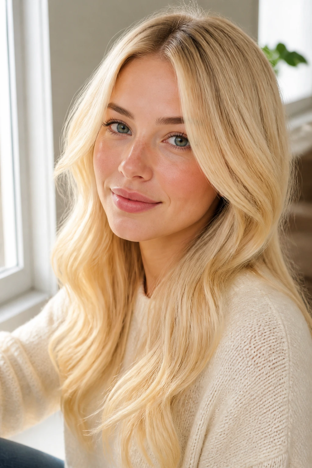 Close-up of a real woman with lemon meringue blonde hair near a bright window