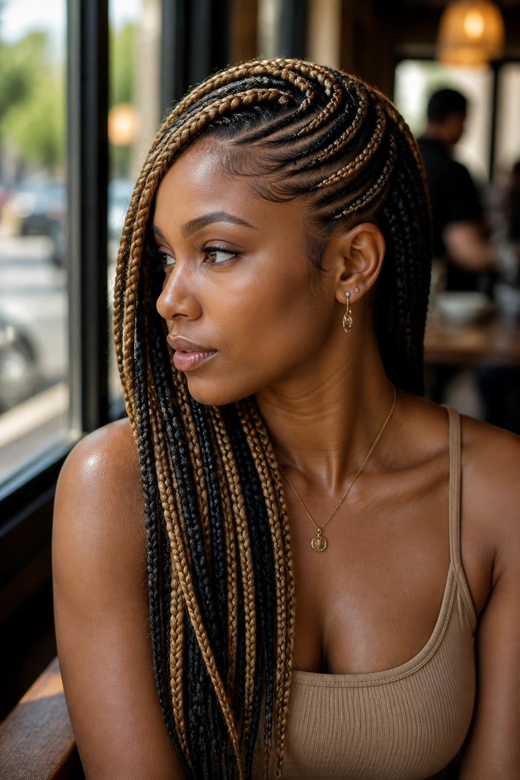 Lemonade braids with side-swept caramel ribbons on a real person