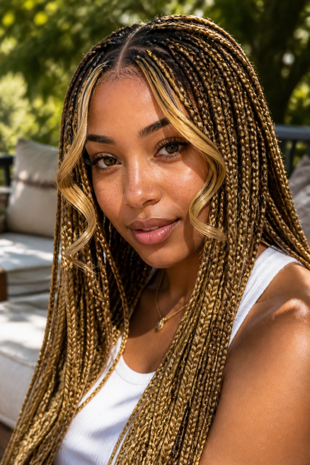 Medium close-up of a real woman with center-part lemonade braids