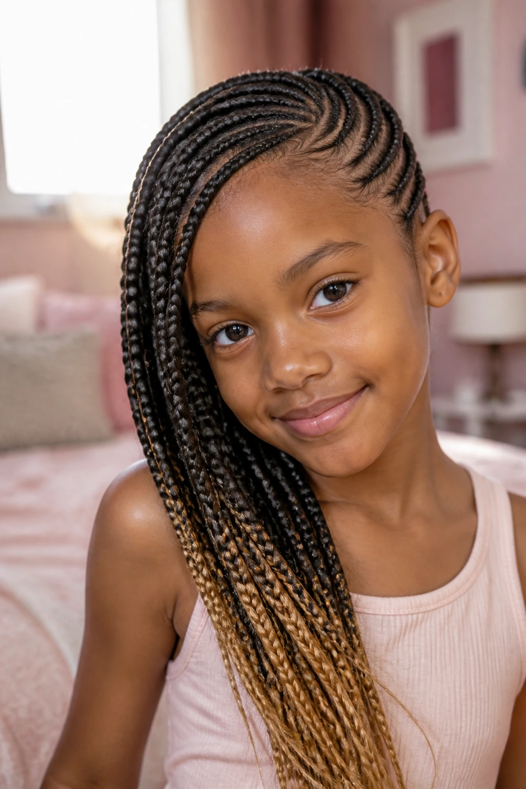 Close-up of a real child with lemonade braids sweeping to the side in a sunlit room