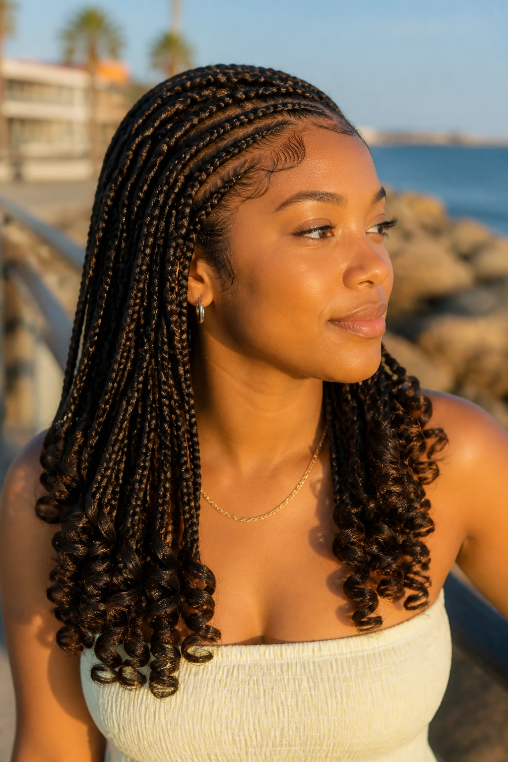 Close-up of a real person wearing lemonade braids with curled ends