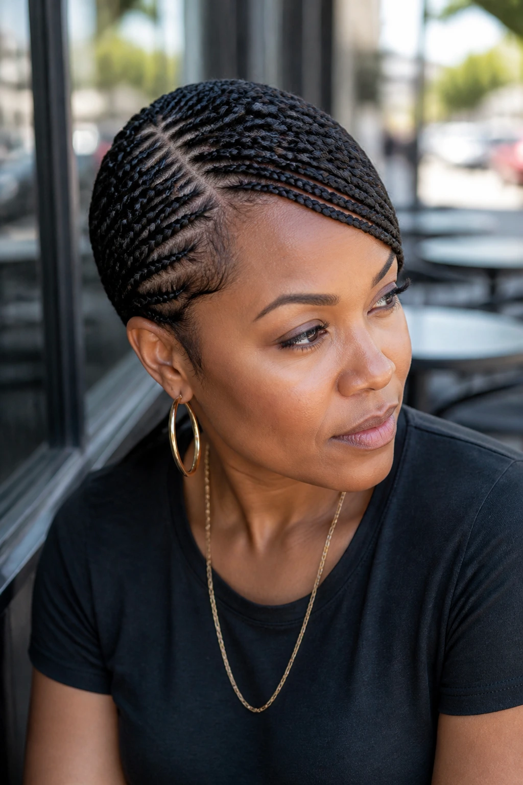 Close-up of a real person with lemonade braids and a deep part.