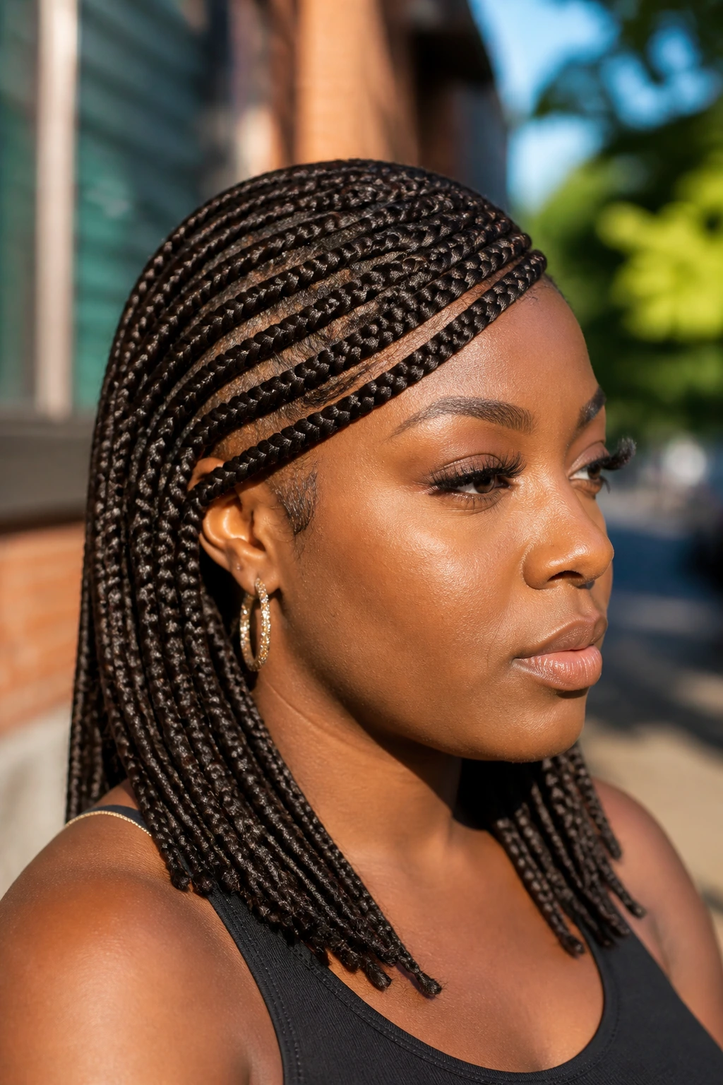 Woman with lemonade braids sweeping across the forehead.