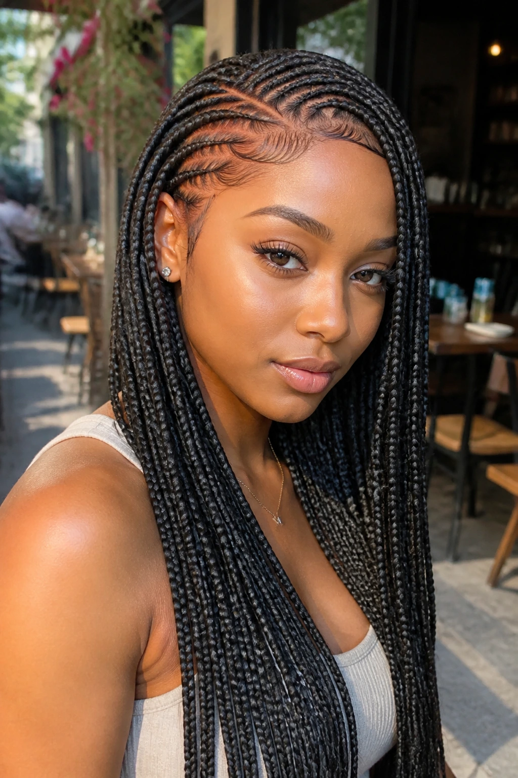 Close-up of a real woman wearing lemonade braids on a glueless cap with a side part.