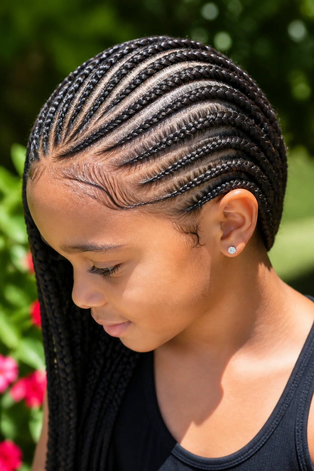 Close-up of a child with lemonade braids sweeping diagonally across the scalp.