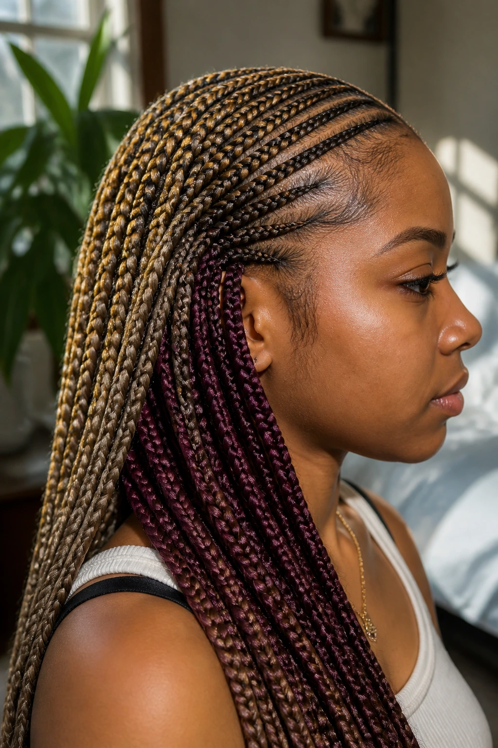 Close-up lemonade braids plum underlayers