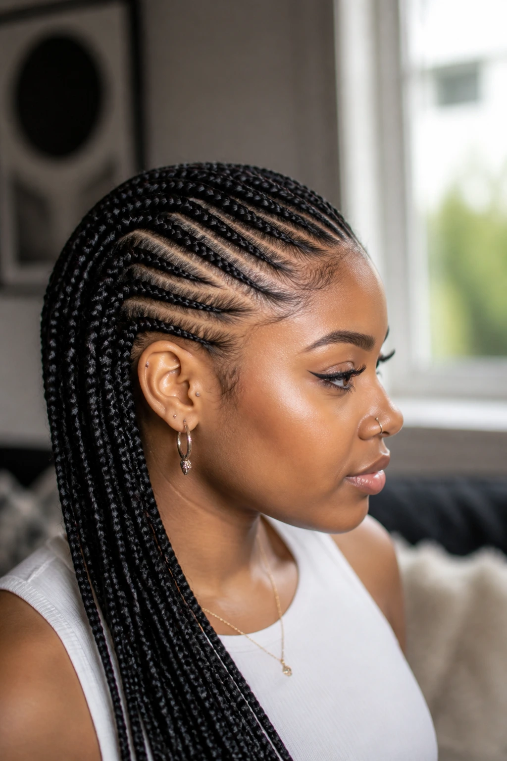 Side-swept lemonade braids on a real person