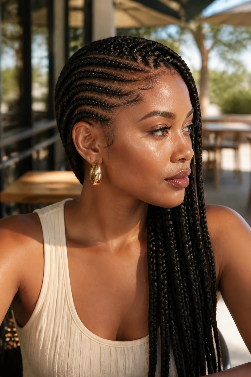 Close-up portrait of a real woman with lemonade braids swept to one side
