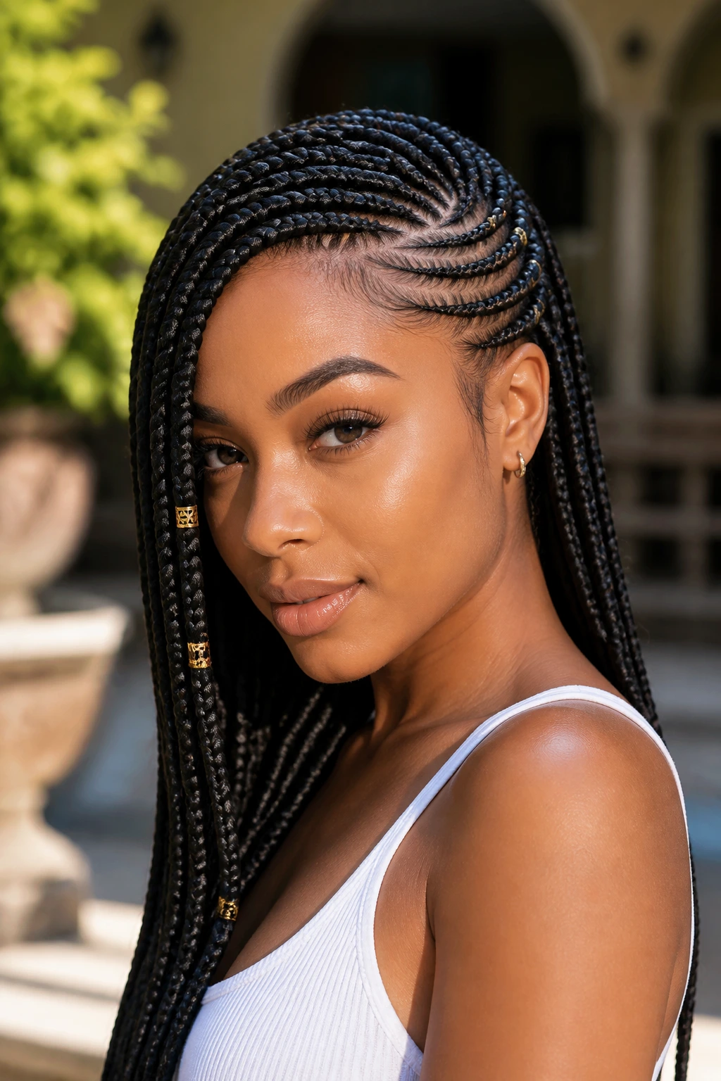 Close-up of a real woman with side-swept lemonade braids and gold cuffs in bright light