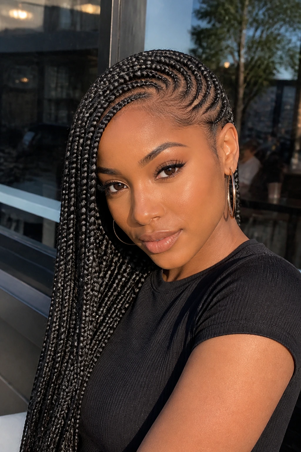Close-up of side-swept lemonade braids on a real person with a diagonal part