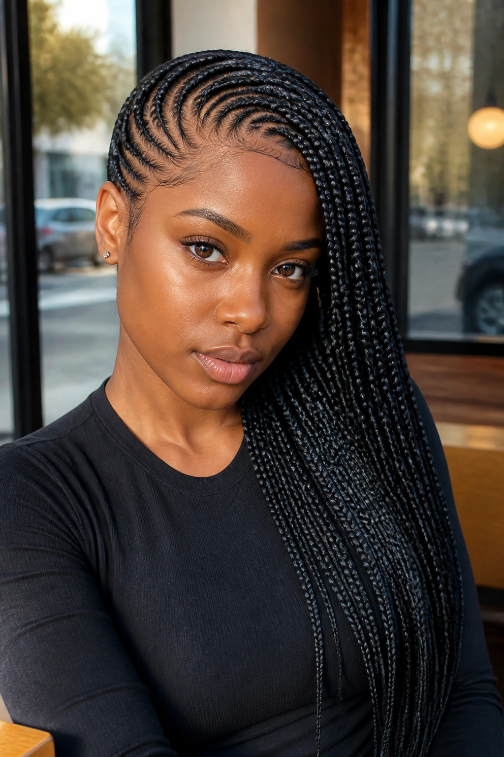 Close-up of a real woman with lemonade braids swept to one side