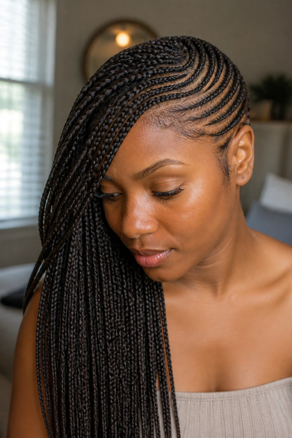Real person with side-swept lemonade braids across the forehead