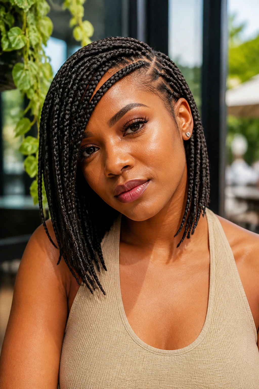 Close-up of a real woman with lemonade braids diagonal across the face