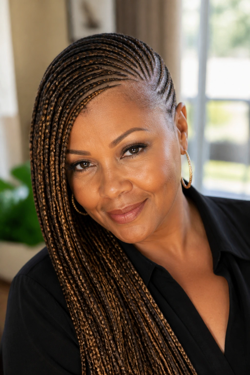 Portrait of woman with lemonade braids swept to the side