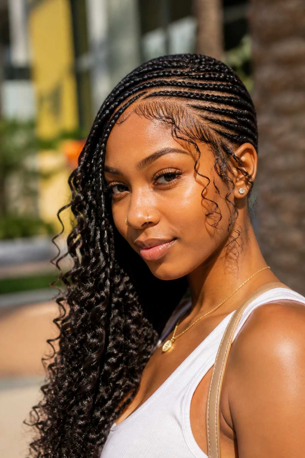 Close-up of a woman wearing lemonade braids with wispy curls