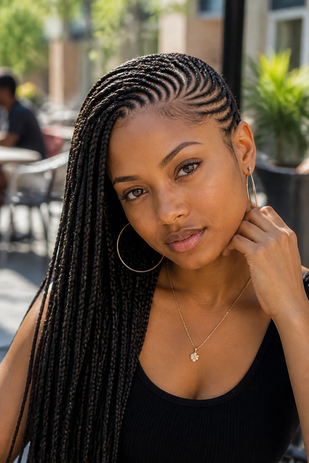 Close-up portrait of a real person wearing lemonade knotless braids swept to one side