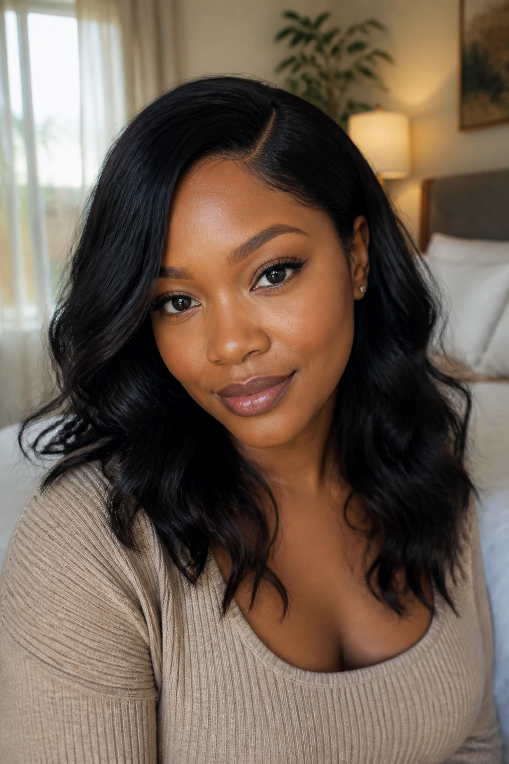 Person with long hair below collarbone, off-center part, soft waves