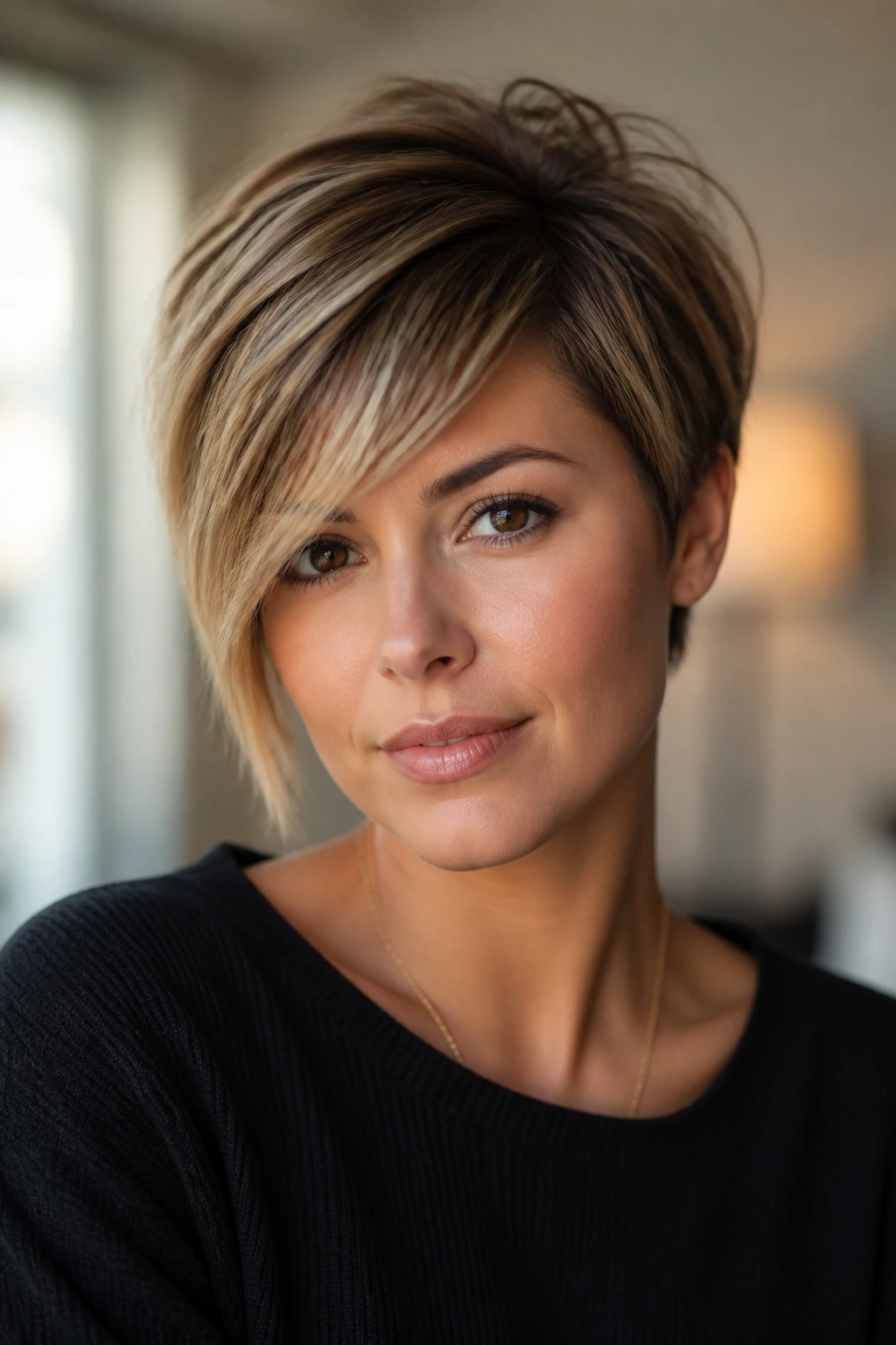 Close-up of a real woman with angled bangs creating length illusion