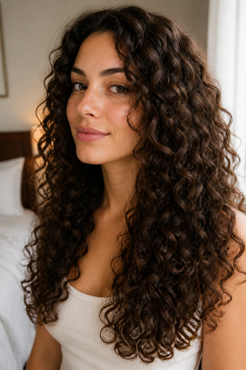 Close-up of a real woman with Length-Keeper Dusting Cut showing trimmed ends and subtle face-framing curls