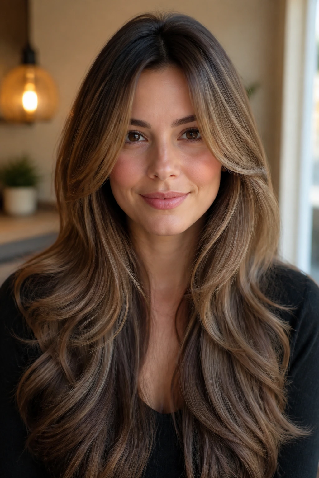 Portrait of person with face-framing long layers keeping length