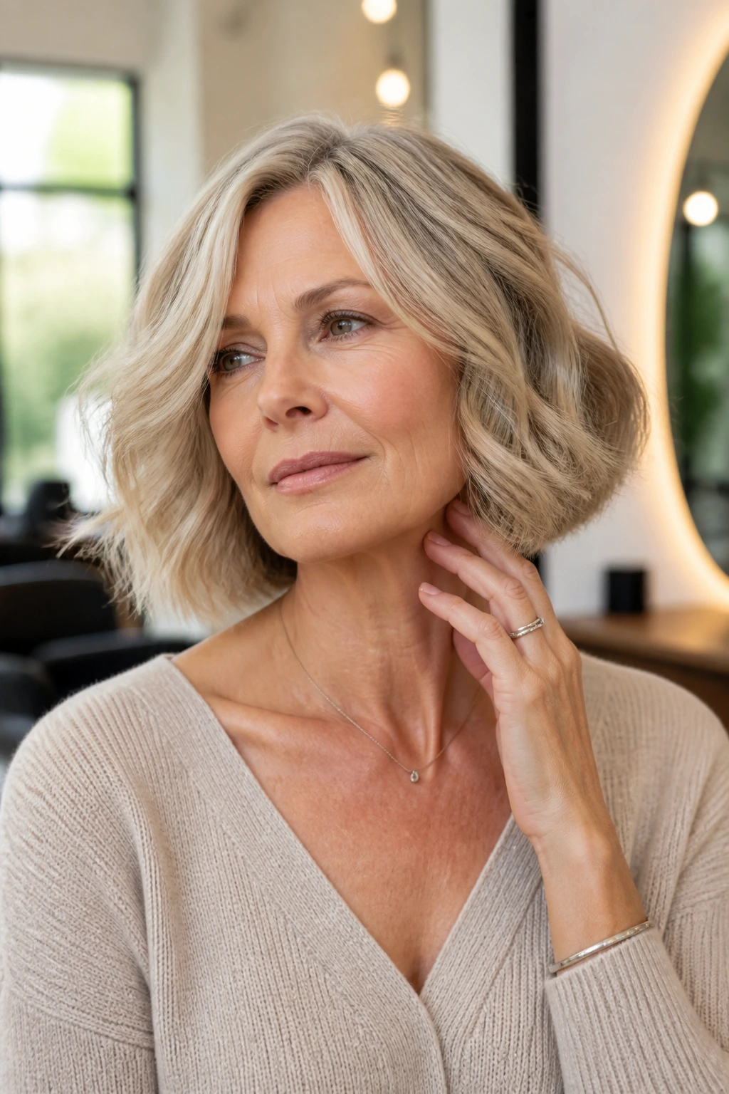 Woman in a salon-like setting evaluating length and layers for a bob