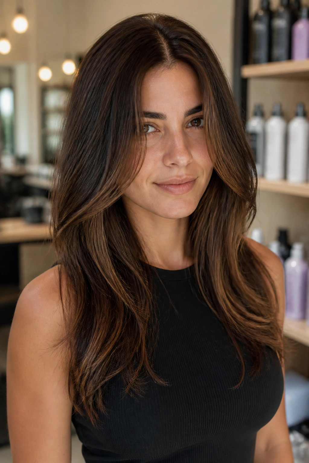 Portrait showing center part and length for face-framing layers.