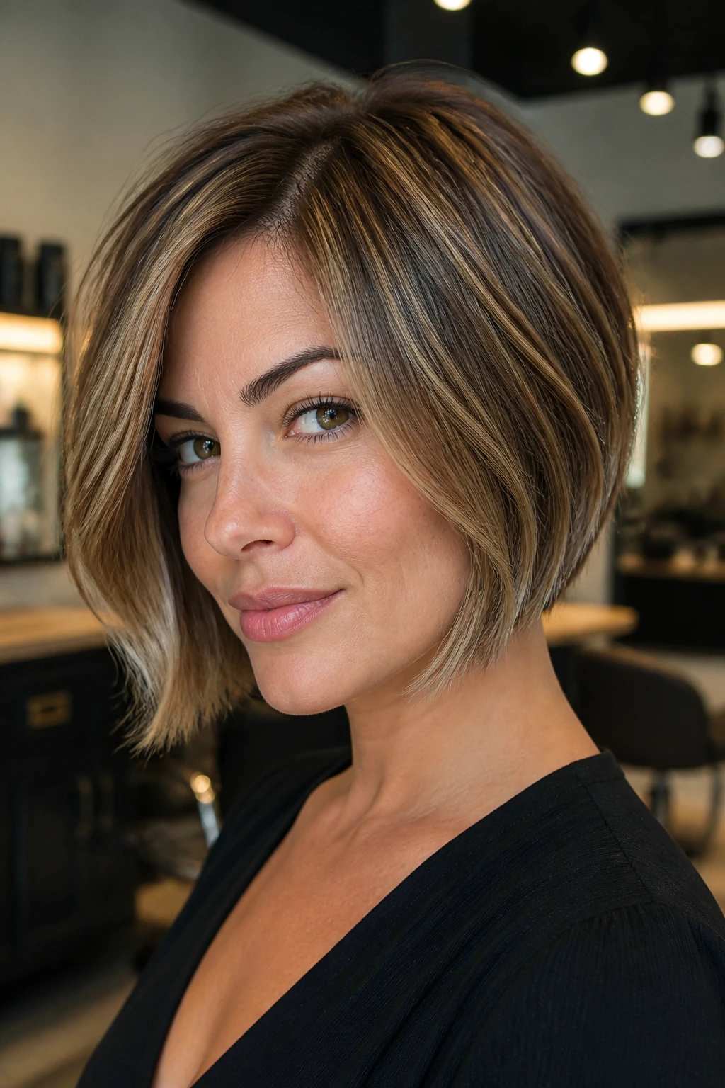 Portrait of real woman with jaw-length bob and babylights on thick hair