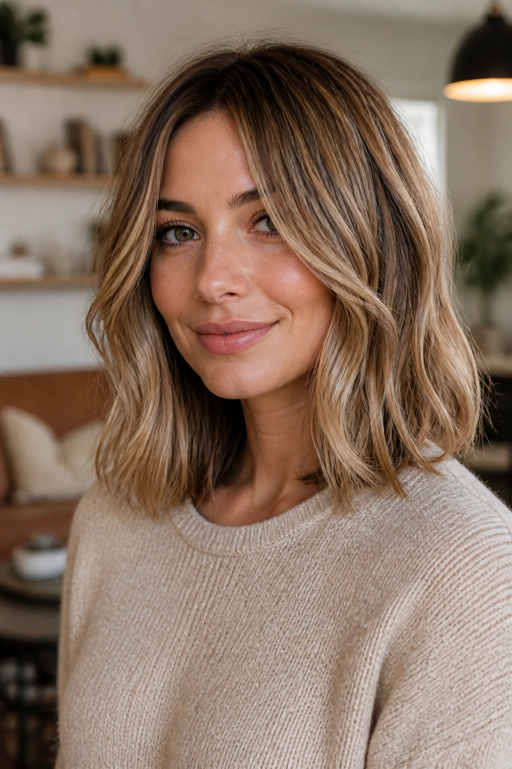 Portrait of a real woman with shoulder-length hair showing blunt edge and soft waves