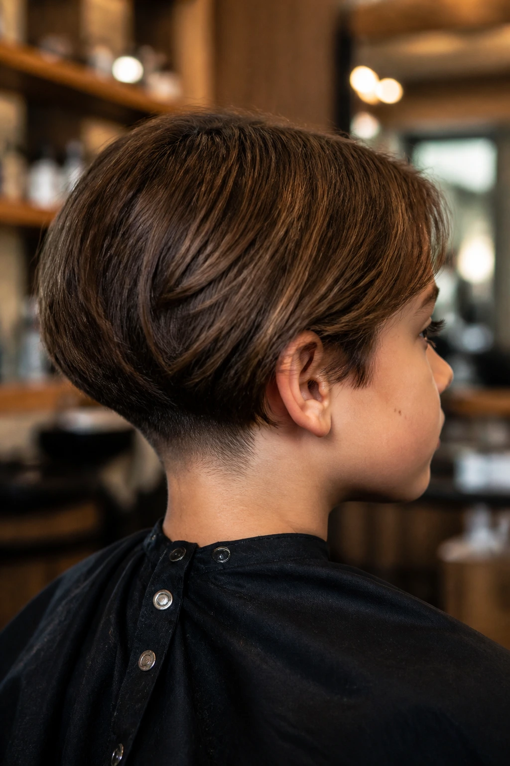 Portrait of a real boy showing jaw-length bob and low undercut in a barber chair