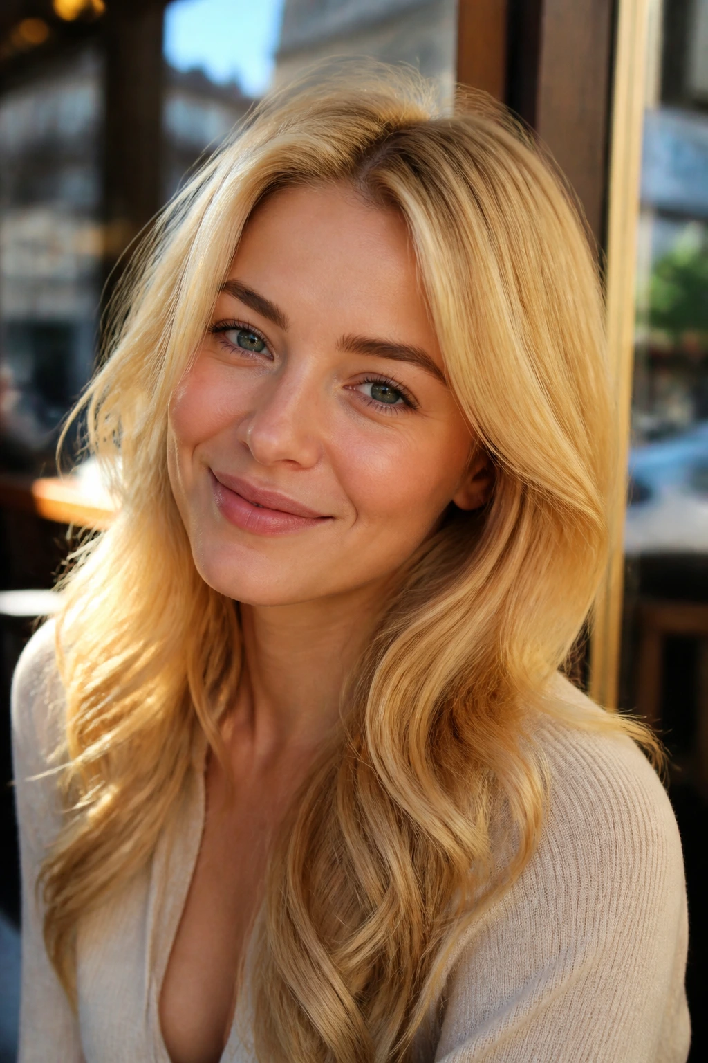 Close-up portrait of a real woman with Level 9 honey blonde in warm natural light