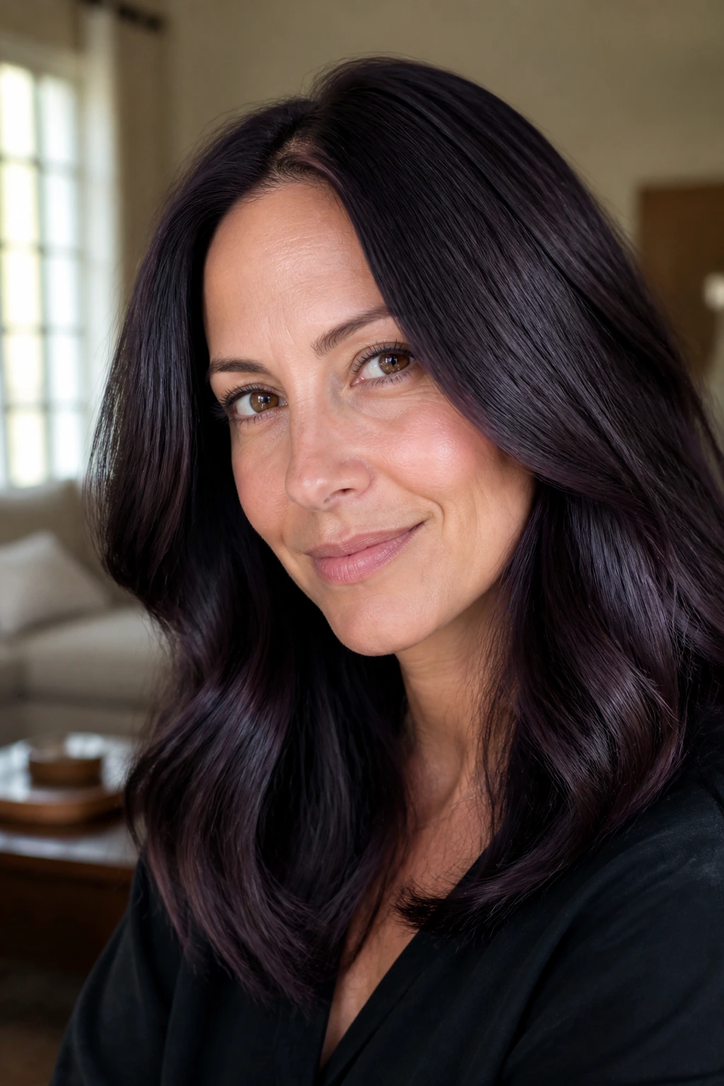 Close-up of a real woman with licorice brown hair and violet undertone, glossy and dimensional.
