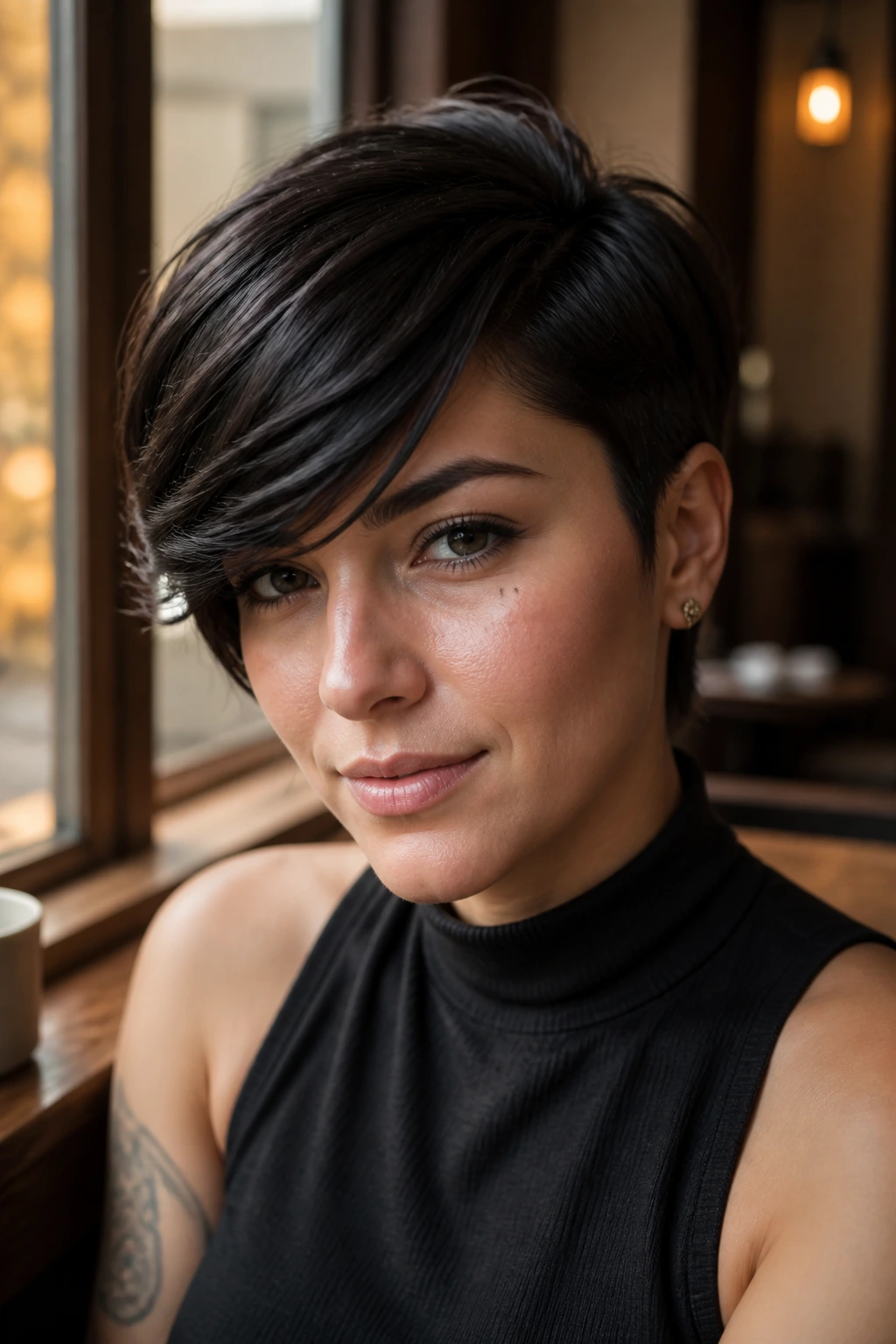 Close-up portrait of real person with licorice side-swept crop, near-black glossy short hair.