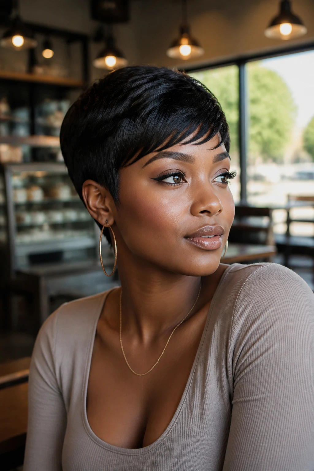 Close-up of a Black woman in a cafe with a versatile cropped haircut