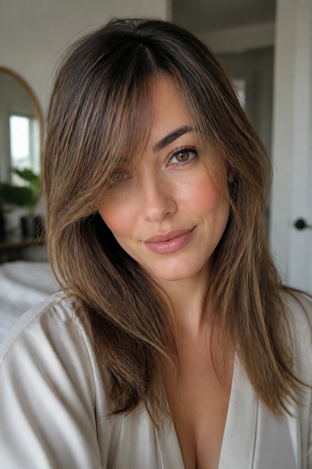 Woman with lifted, softly bent bangs in warm indoor light