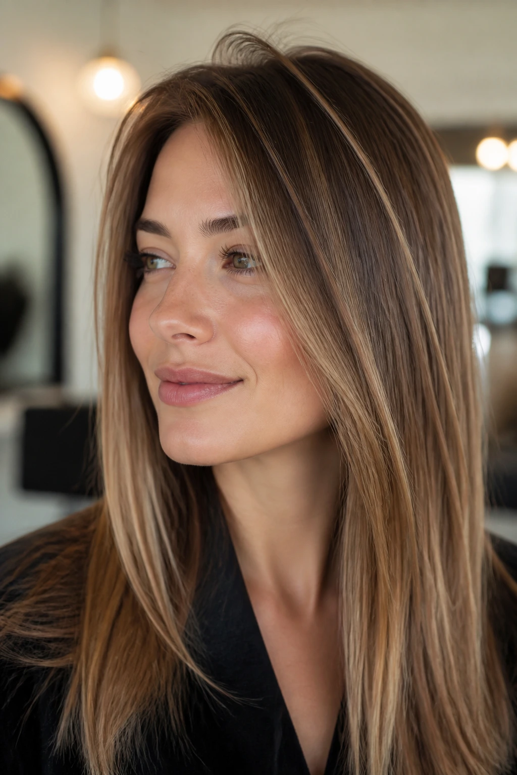 Close-up portrait of a real woman showing lift layers on fine straight hair with caramel highlights in a warm salon