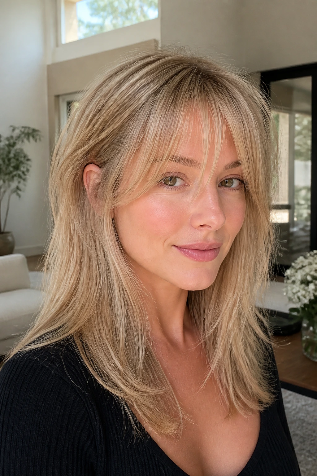 Real person with lift layers and wispy bangs in natural daylight