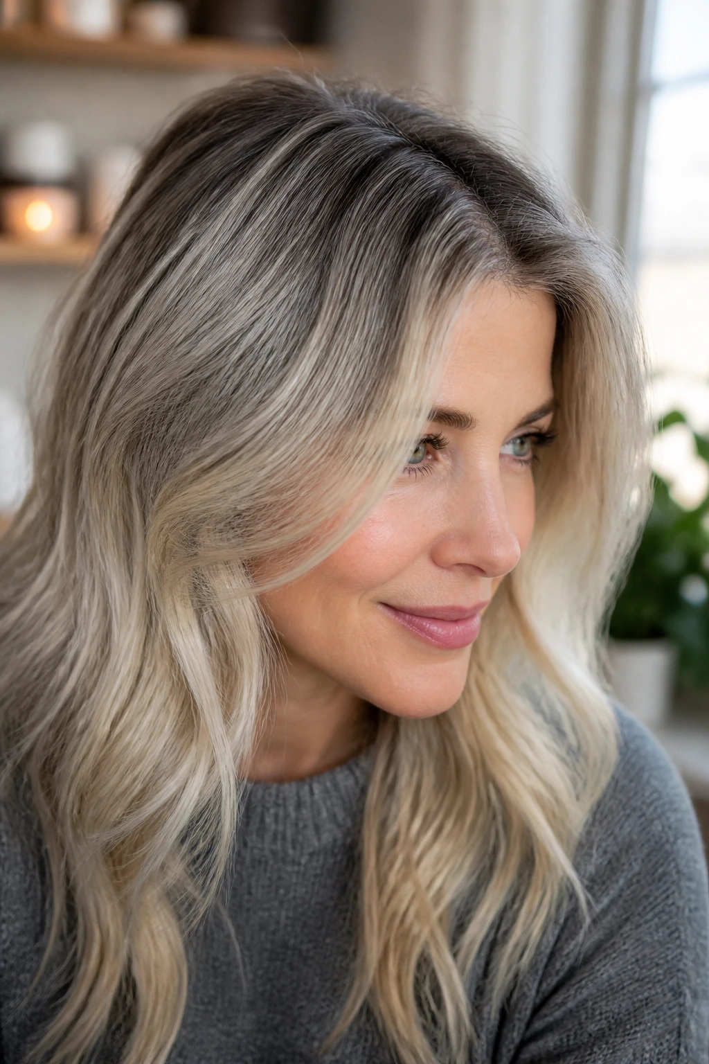 Close-up of a woman with root shadow blending into lighter ends