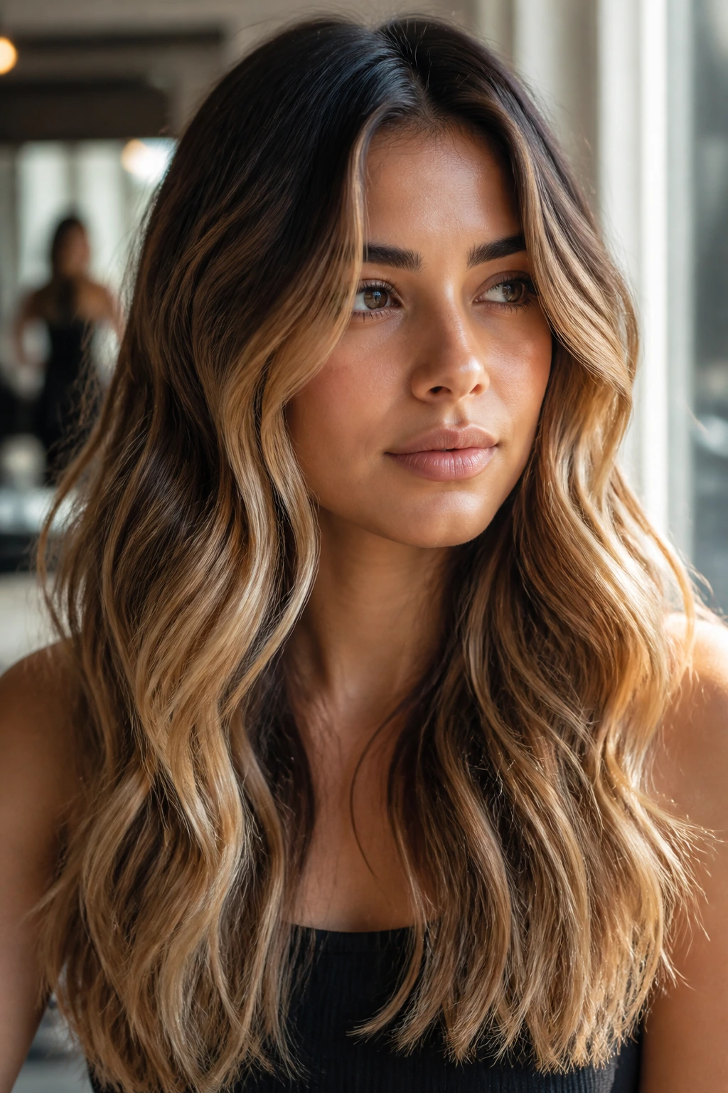 Close-up portrait showing subtle lift from dark roots to beige-blonde ends on olive skin
