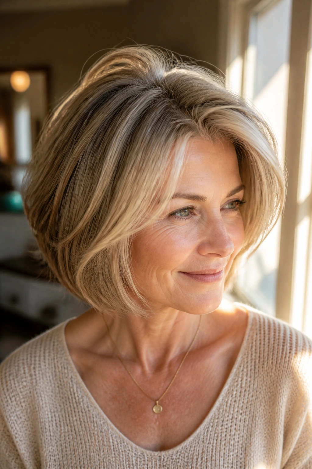 Portrait of a woman with lifted roots and shiny babylights