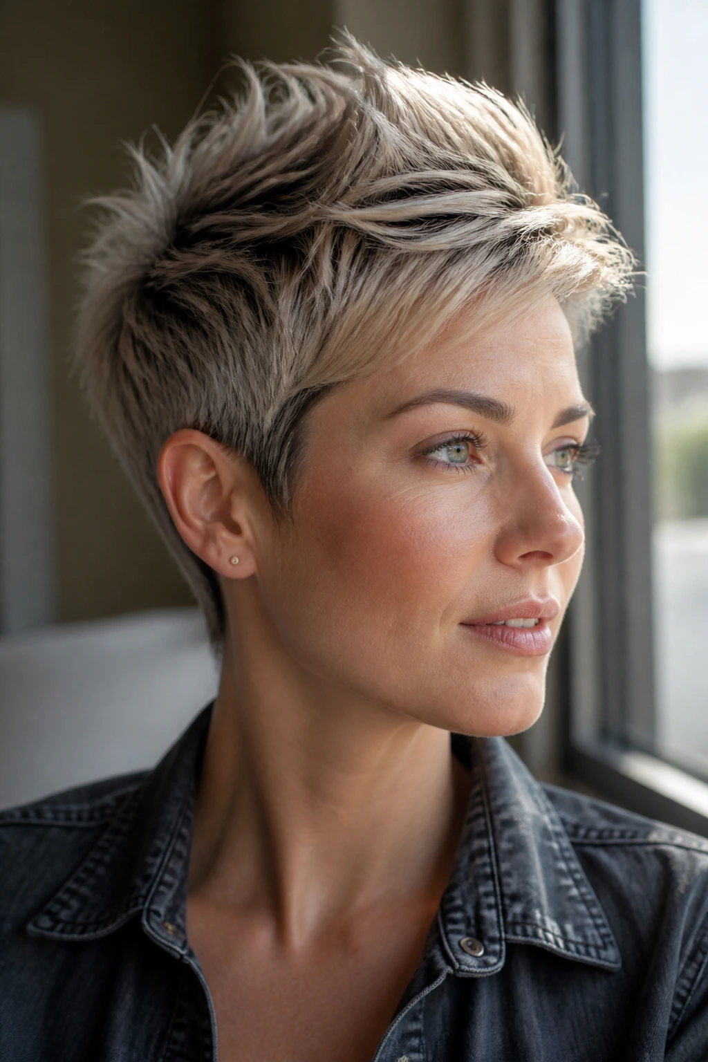 Close-up portrait of short hair with lift at crown and sharp edge