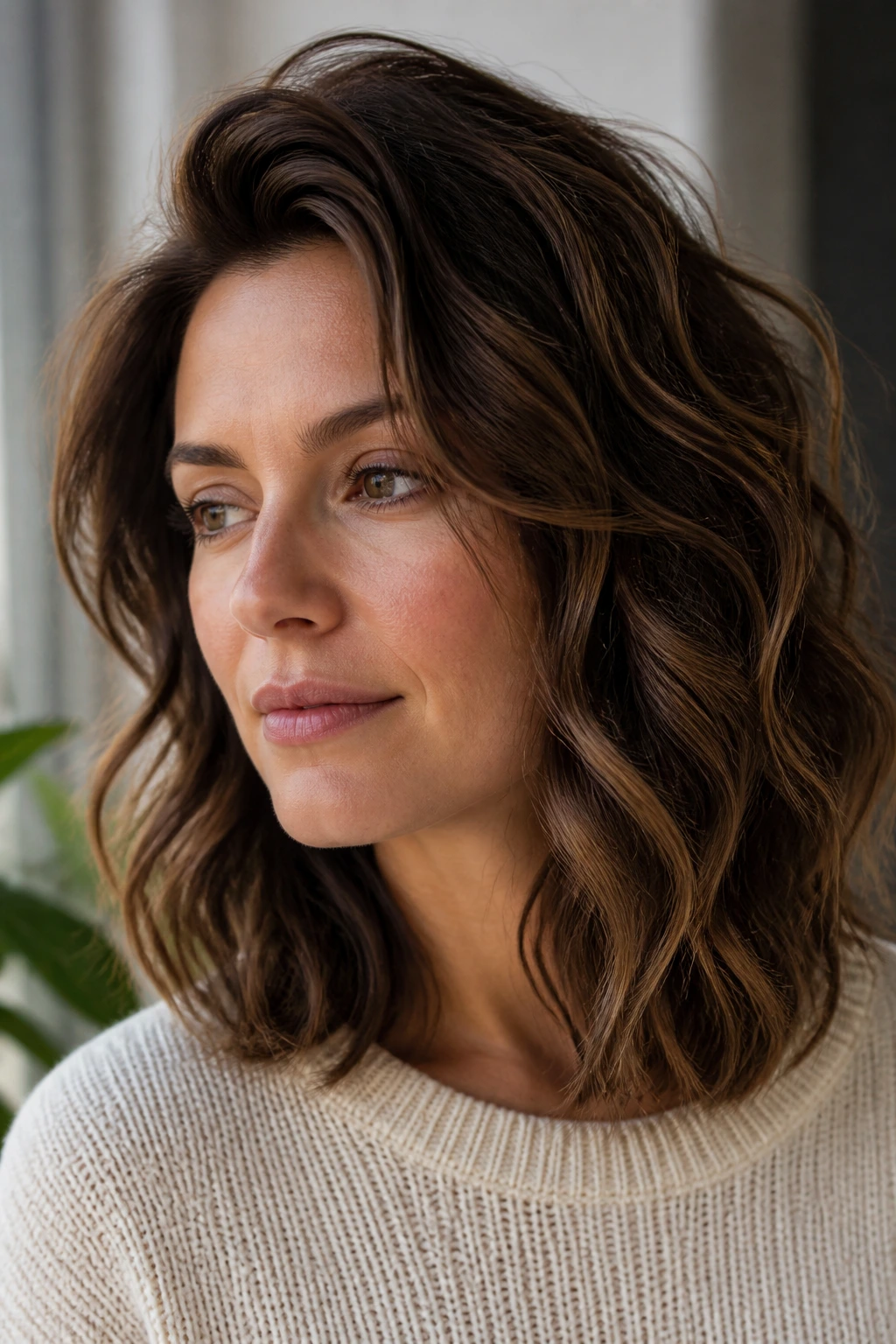 Portrait of a woman with lifted crown and shiny mid-length waves in soft interior light.